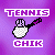 Pixelated tennis racket icon with 'TENNIS' and 'CHIK' text on purple background, two color variations of the same design.