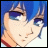 Pixelated anime-style character with blue hair and closed eyes, next to stylized text on a black background.
