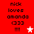 Red background with black text reading 'nick loves amanda (333) !!!!' and a white star icon on the left, transitioning to a pink star icon on the right.