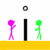 Animated sequence of stick figures interacting with a black vertical bar on yellow platforms, featuring pink and green characters with circular heads.