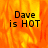 A static image with fiery orange and yellow background displaying 'Dave is HOT' text in black pixelated font.