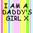 Pixelated text "I AM A DADDY'S GIRL X" on a background of vertical stripes in pink, yellow, blue, green, and light blue.