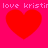 Red heart shapes on a bright pink background with repeated text "love kristir" in light pink pixelated font.