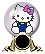 Pixelated Hello Kitty avatar inside a snow globe with blue overalls and pink bow, base has black circular opening.