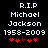 Pixelated text memorializing Michael Jackson with years 1958-2009 and red heart symbols on black background.