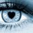 Pixelated eye icon with heart-shaped pupil, black eyelashes, and light blue iris against a gradient background.
