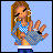 Pixelated doll with long brown hair and blue checkered top gestures with raised hand against light blue background.