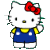 Two static frames of a Hello Kitty buddy icon showing slight pose differences with red bow, blue overalls, and yellow accents on gray background.