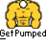 A static contact sheet of two identical pixel art frames showing a yellow muscular cartoon character with a white circular head, red text "badass buddy .com", and black text "Get Pumped" on gray background.