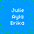 Blue background with green pixel dots and white text reading Julie Aylo Erika in four identical quadrants.