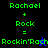 Green pixelated text 'Rachael + Rock = Rockin'Rach' on black and blue backgrounds with small blue and black pixel figures.