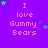 Purple background with repeated text "I love Gummy Bears" in pink pixelated font, surrounded by green and blue stars.