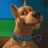 Pixelated static image of a brown dog with blue collar against green and blue background.