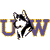 Pixelated graphic showing large purple and gold 'UW' letters with a black and white husky dog silhouette overlapping them on a white background.