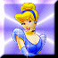 Animated pixel art of a blonde woman in blue dress with raised arm, set against purple background with white light rays.