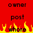 Red background with black text reading 'owner', 'post', and 'whore' in pixelated font, overlaid by yellow-orange flames at the bottom.