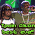 Pixelated image of two people with green text reading 'Tpain Akon best eva!' and a person in yellow with purple text 'Chris Brown with you' over dark background.