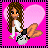 Pixel art of a girl with long brown hair sitting on a pink heart, surrounded by animated letter changing color