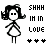 Pixelated stick-figure girl with black hair and dress, standing in a of text reading 'SHHH IN IN LOVE' above three hearts