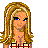 Pixelated cartoon figure with long blonde hair, blue eyes, and a neutral expression holding a checkered bag.