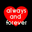 Four red heart-shaped icons with white text reading 'always and forever' on a black background, arranged in two of two