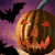 Pixelated pumpkin face with carved eyes and mouth against purple background, bats flying, text changes from 'happy' to 'halloween'.