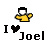 Pixelated static icon featuring a yellow watering can above black text reading "I ❤️ Joel" on white background.