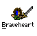 Pixel art character icon with sword and text "Braveheart" on gray background