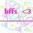 Pixelated icon with pink text 'bFFs <3' on left side, 'o.d.l.a.s.e.f.n.m.m.' on right side, surrounded by pastel swirls and yellow dots on white background.