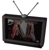 television-shaped icons with antenna, each displaying a person in formal attire against red and white patterns