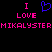 Pixelated text and heart symbol on black background, with pink and blue elements arranged in a mirrored layout.