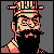 Pixel art icon of a character with black hair, red facial features, and a yellow-and-red headpiece against gray background.