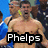 A shirtless man with short dark hair and a yellow earpiece stands in front of a blue background, surrounded by other people. Text overlays read "Phelps Going for the gold!".