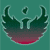 Pixelated icon with teal background, dark green curved shapes forming a smile, small dark green oval above center, and gradient base transitioning from dark gray to pink.