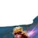 Animated sequence showing a character with blonde hair and red clothing against a blue background, transitioning from left to right.