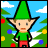 Pixelated elf with green hat and shirt, red pants, holding a purple gift box with red ribbon against Christmas tree background.