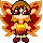Pixel art character with orange hair and red eyes, wearing a yellow top and dark red skirt, standing against gray background with flame-like shapes.