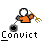Pixelated cartoon character in orange shirt holding a golden pitchfork with black ball attached, displayed across two animation frames on gray background.