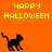 Pixelated orange background with yellow "HAPPY HALLOWEEN" text and black cat silhouettes in various poses.