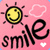 Pixelated pink background with yellow sun, white cloud, black 'smile' text, and two ice cream cones on striped surface; lower section shows hand gestures and 'LOVE' letters.