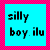 Pixelated text 'silly boy. ilu' on cyan background with pink border.