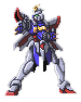 Pixel art of a humanoid mecha with blue, red, and silver armor standing in a dynamic pose against a gray background.