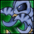 A pixelated blue creature with green accents and large dark eyes appears in a of , each showing incremental text changes below it