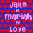 Pixelated text 'jake mariah love' repeated over red heart pattern on blue background with purple heart overlay in lower half.