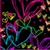 Pixelated abstract composition with swirling magenta, cyan, green, and yellow lines on black background; scattered orange-brown pixel clusters.