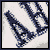 Pixelated blue text on white background arranged in a , displaying partial letters from 'ABERCROMBIE & FINE' with visible pixelation and slight color bleeding