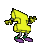 Yellow pixelated character with purple shoes and green ankle bands in multiple poses against gray background.