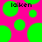 Bright pink background with scattered green circles of varying sizes and the text 'laiken' in black pixelated font appearing twice.