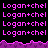 Pixelated text 'Logan+chel' repeated in on black background with purple wave border, displayed as static image