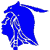 Blue silhouette of a horse with white line details on a white background, rendered in pixelated style.